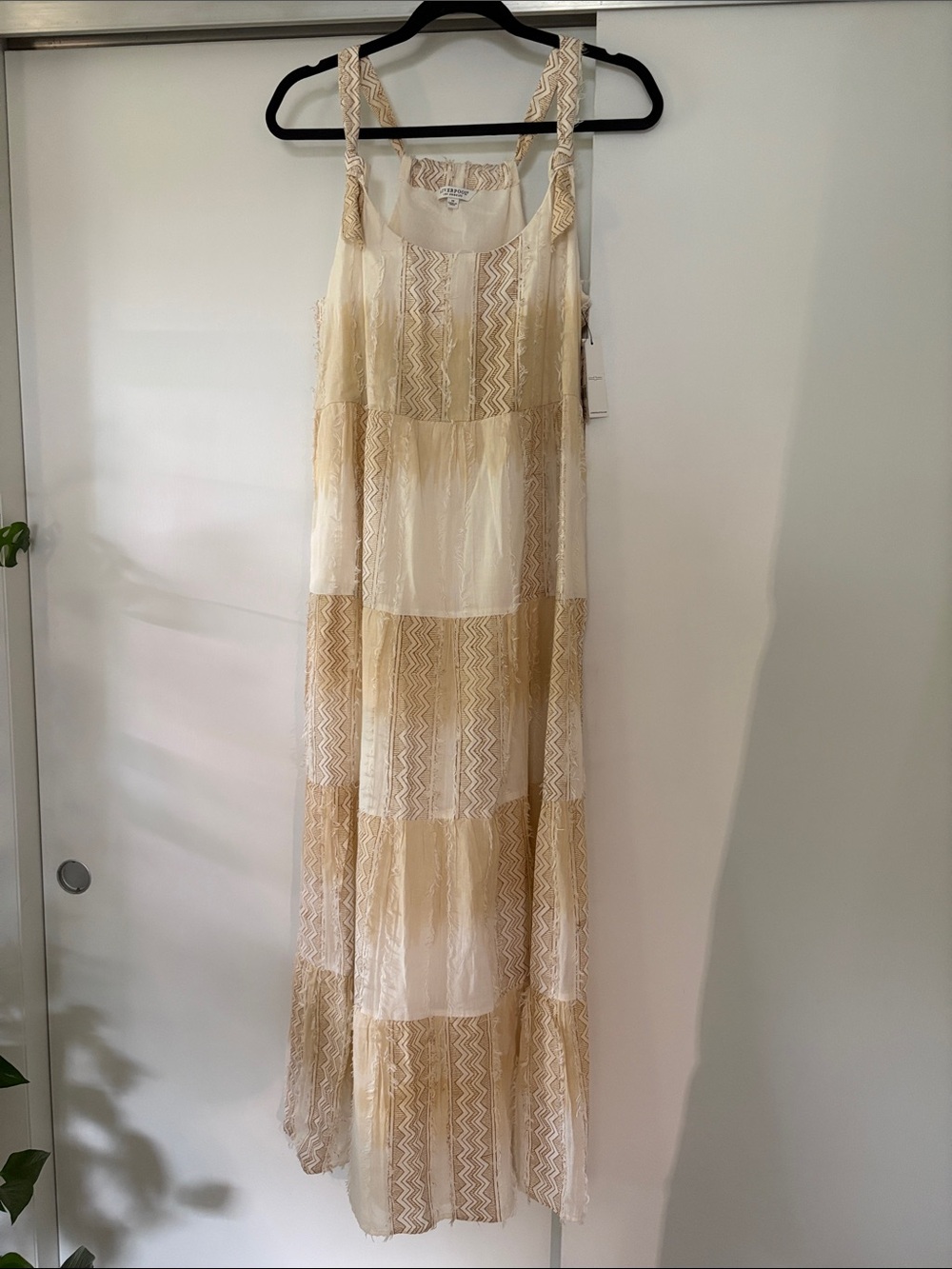 NWT Liverpool medium Boho Tiered Maxi Dress in Cream and Tan w/pockets